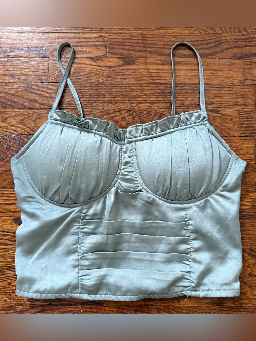 Shinestar Sage Green Satin Smocked Bustier Crop Top